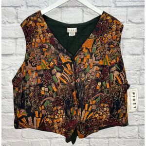 Vintage First Class Womens Vest Size 2XL Abstract Floral Beaded New Button Front
